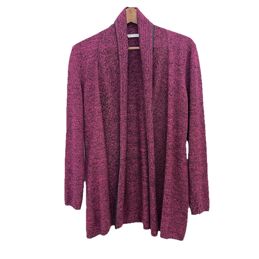 Peter Nygard Cardigan Womens Petite S Magenta Good Open Front Faux Leather Trim